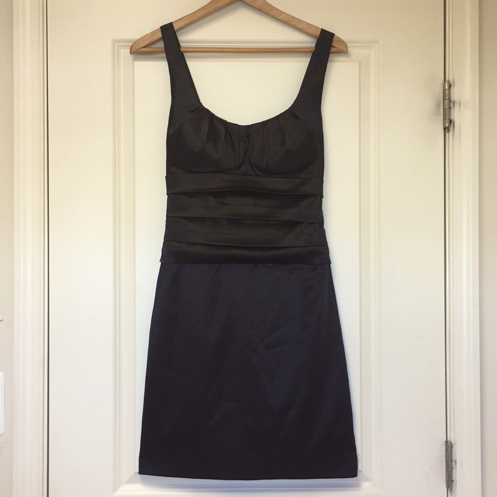 B Darlin EUC Black Satin Cocktail Dress Padded bra ruched scoop neck and waist